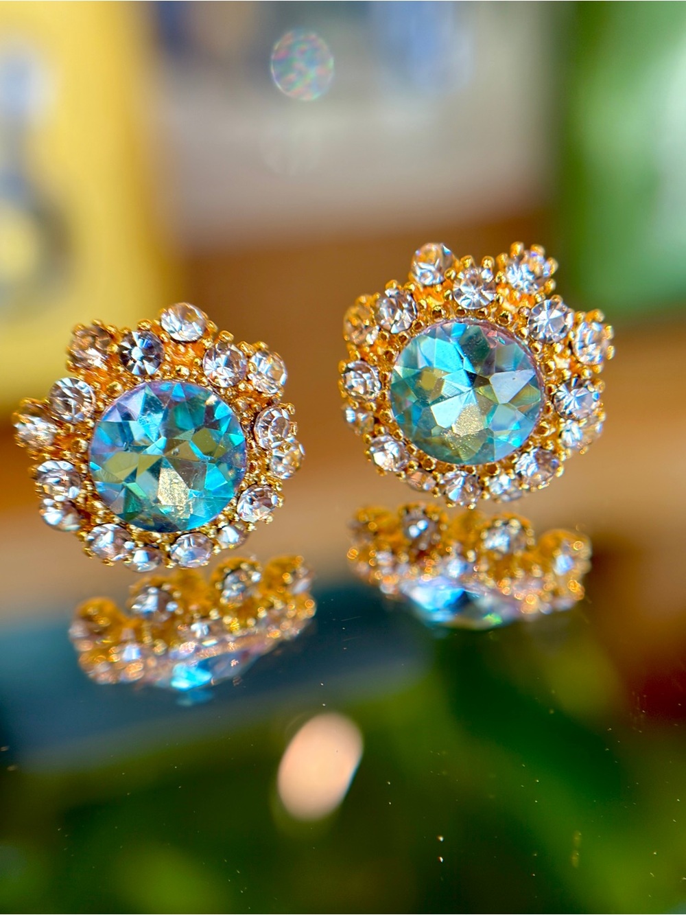 New S925 Silver Post Lagoon Round Crystal Sunflower Stud Earrings